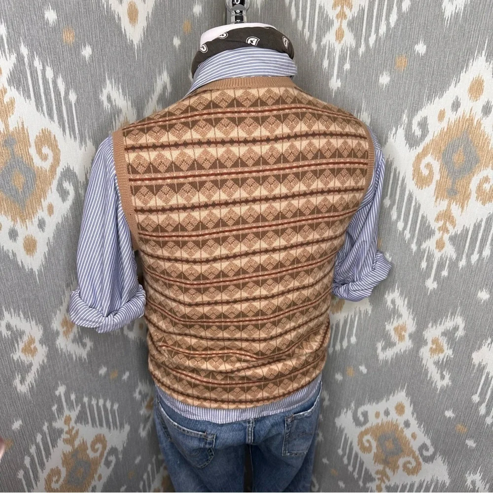 Ralph Lauren Purple Label Tan Multi Fair isle  Geometric V-Neck Sweater Vest